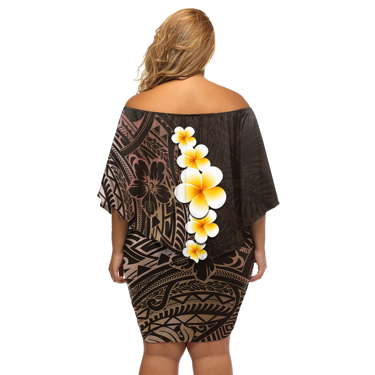 Brown Polynesia Family Matching Off Shoulder Short Dress and Hawaiian Shirt Plumeria Tropical Leaves With Galaxy Polynesian Art - Wonder Print Shop