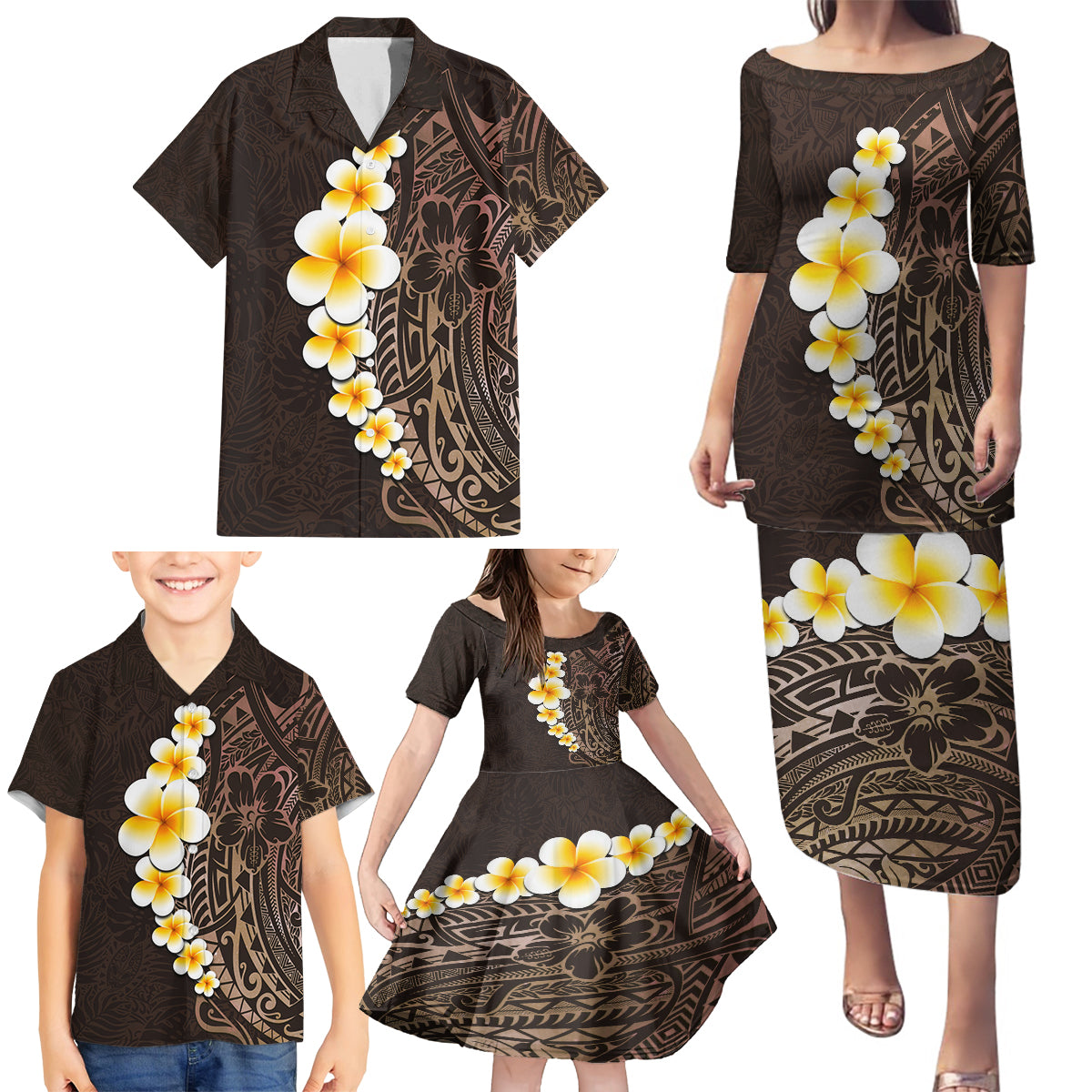 Brown Polynesia Family Matching Puletasi Dress and Hawaiian Shirt Plumeria Tropical Leaves With Galaxy Polynesian Art - Wonder Print Shop
