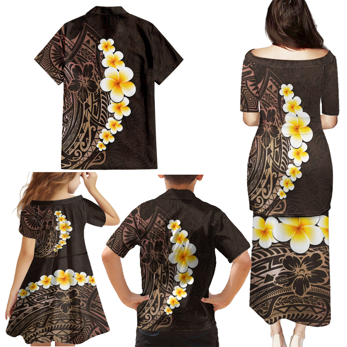 Brown Polynesia Family Matching Puletasi Dress and Hawaiian Shirt Plumeria Tropical Leaves With Galaxy Polynesian Art - Wonder Print Shop