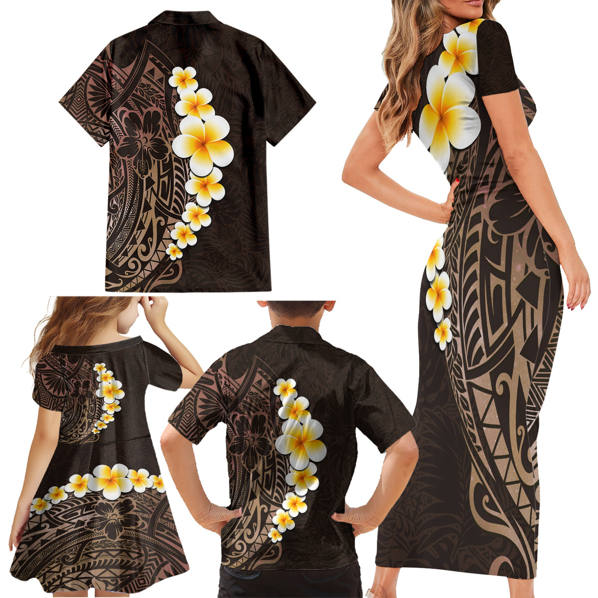 Brown Polynesia Family Matching Short Sleeve Bodycon Dress and Hawaiian Shirt Plumeria Tropical Leaves With Galaxy Polynesian Art - Wonder Print Shop