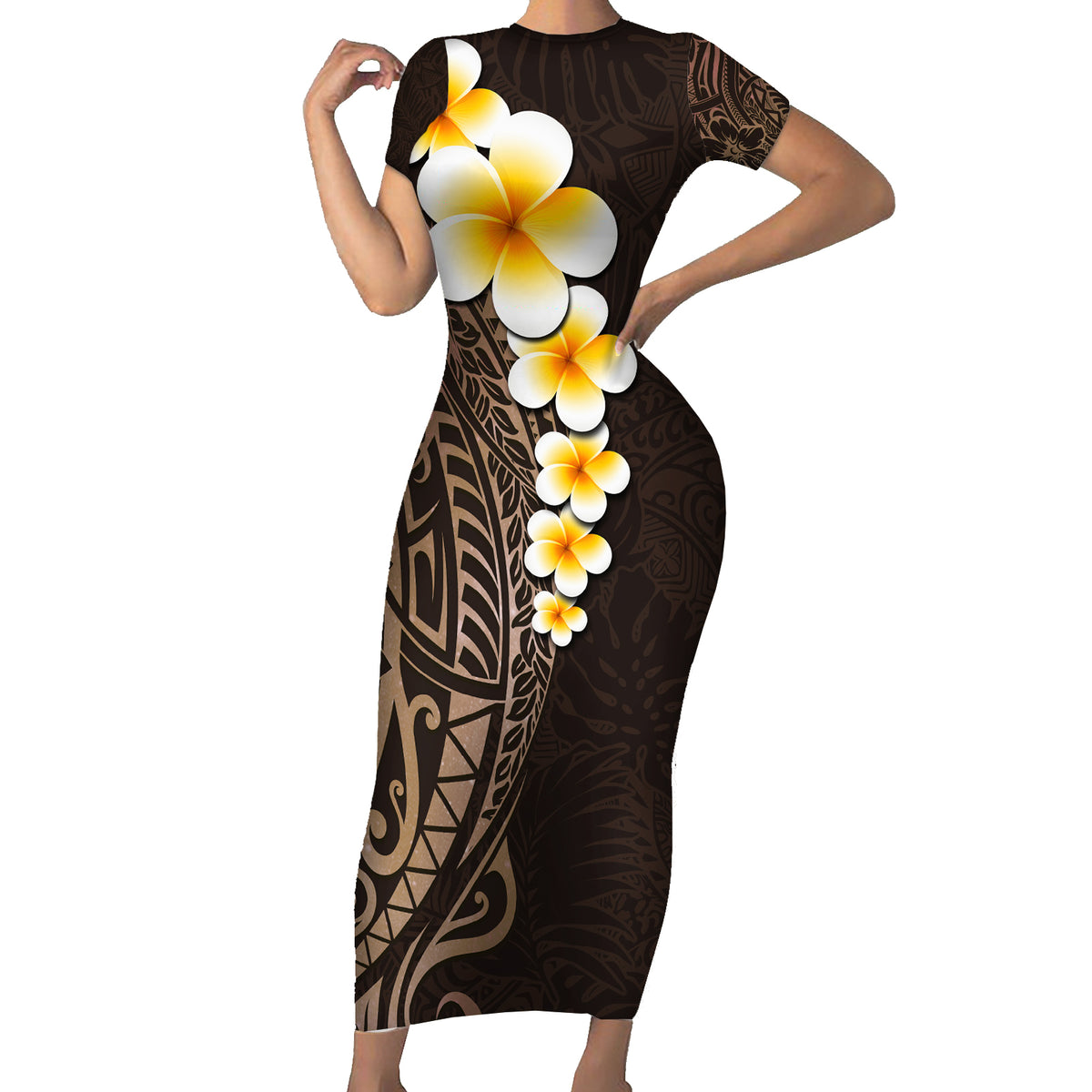 Brown Polynesia Family Matching Short Sleeve Bodycon Dress and Hawaiian Shirt Plumeria Tropical Leaves With Galaxy Polynesian Art - Wonder Print Shop