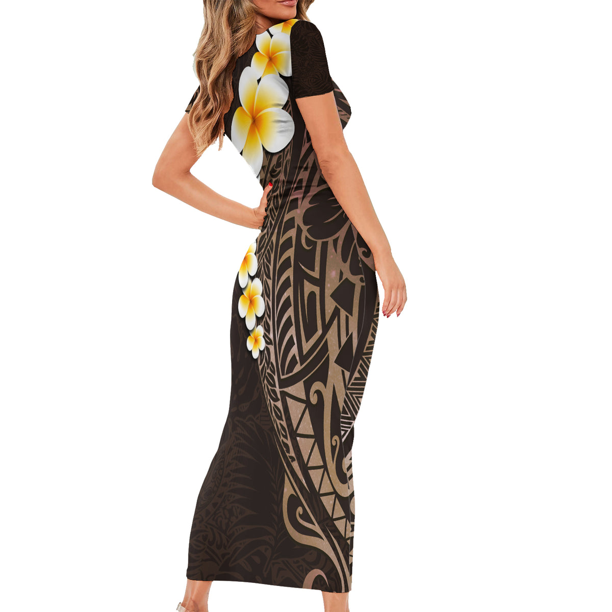 Brown Polynesia Family Matching Short Sleeve Bodycon Dress and Hawaiian Shirt Plumeria Tropical Leaves With Galaxy Polynesian Art - Wonder Print Shop