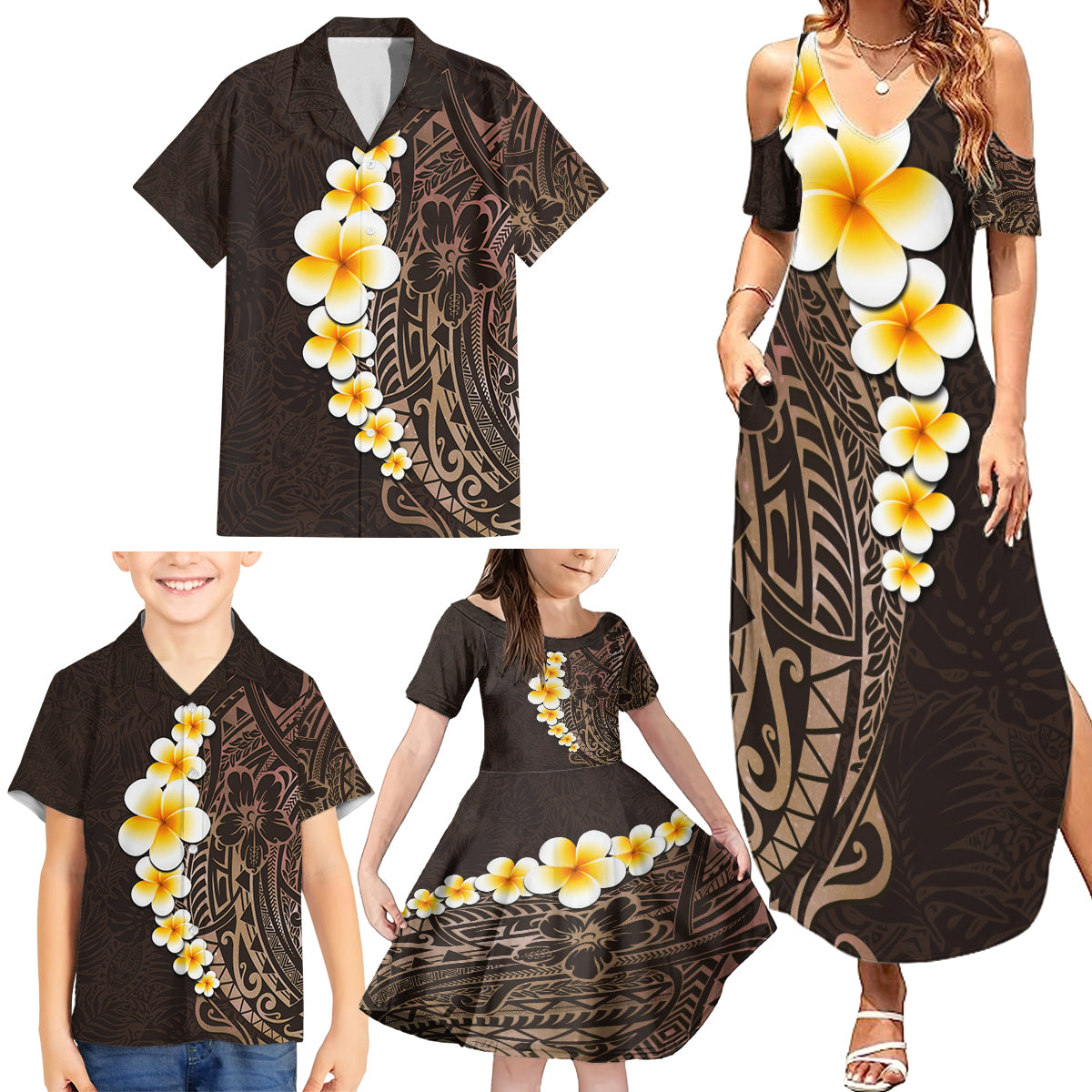 Brown Polynesia Family Matching Summer Maxi Dress and Hawaiian Shirt Plumeria Tropical Leaves With Galaxy Polynesian Art - Wonder Print Shop