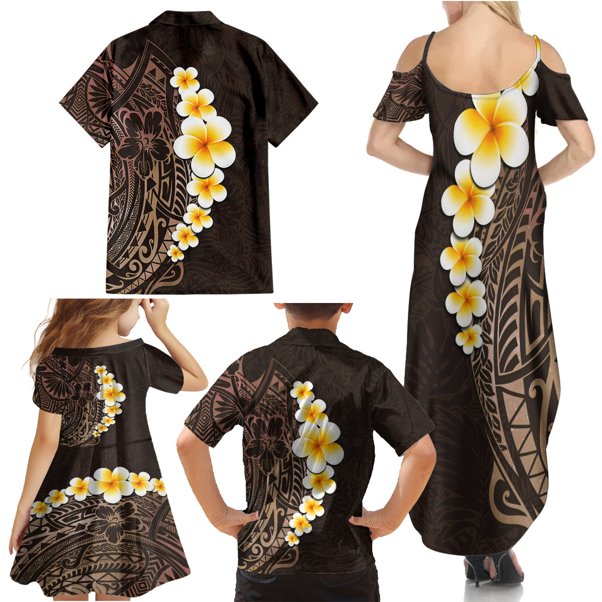 Brown Polynesia Family Matching Summer Maxi Dress and Hawaiian Shirt Plumeria Tropical Leaves With Galaxy Polynesian Art - Wonder Print Shop