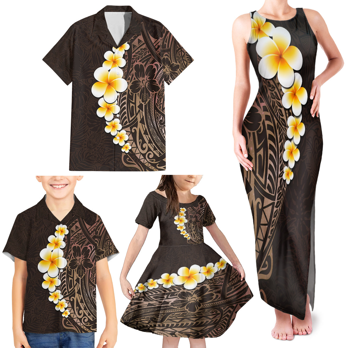 Brown Polynesia Family Matching Tank Maxi Dress and Hawaiian Shirt Plumeria Tropical Leaves With Galaxy Polynesian Art - Wonder Print Shop