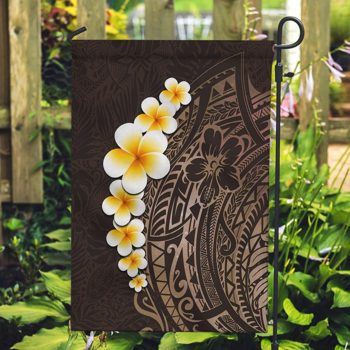 Brown Polynesia Garden Flag Plumeria Tropical Leaves With Galaxy Polynesian Art - Wonder Print Shop