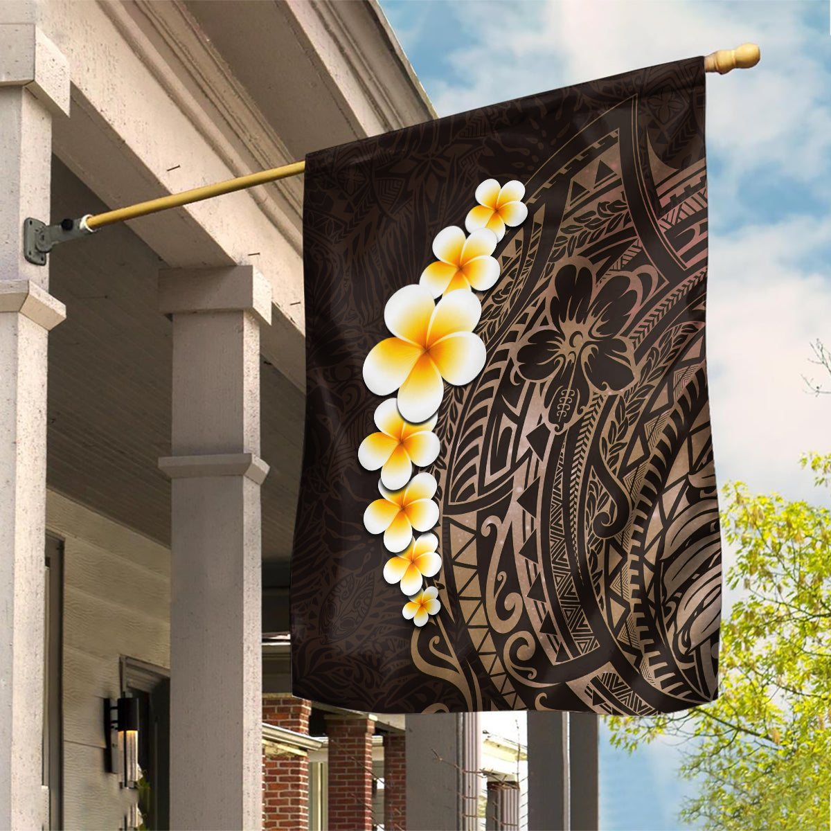 Brown Polynesia Garden Flag Plumeria Tropical Leaves With Galaxy Polynesian Art - Wonder Print Shop