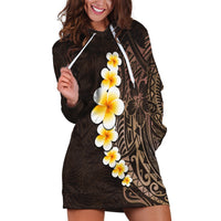 Brown Polynesia Hoodie Dress Plumeria Tropical Leaves With Galaxy Polynesian Art - Wonder Print Shop