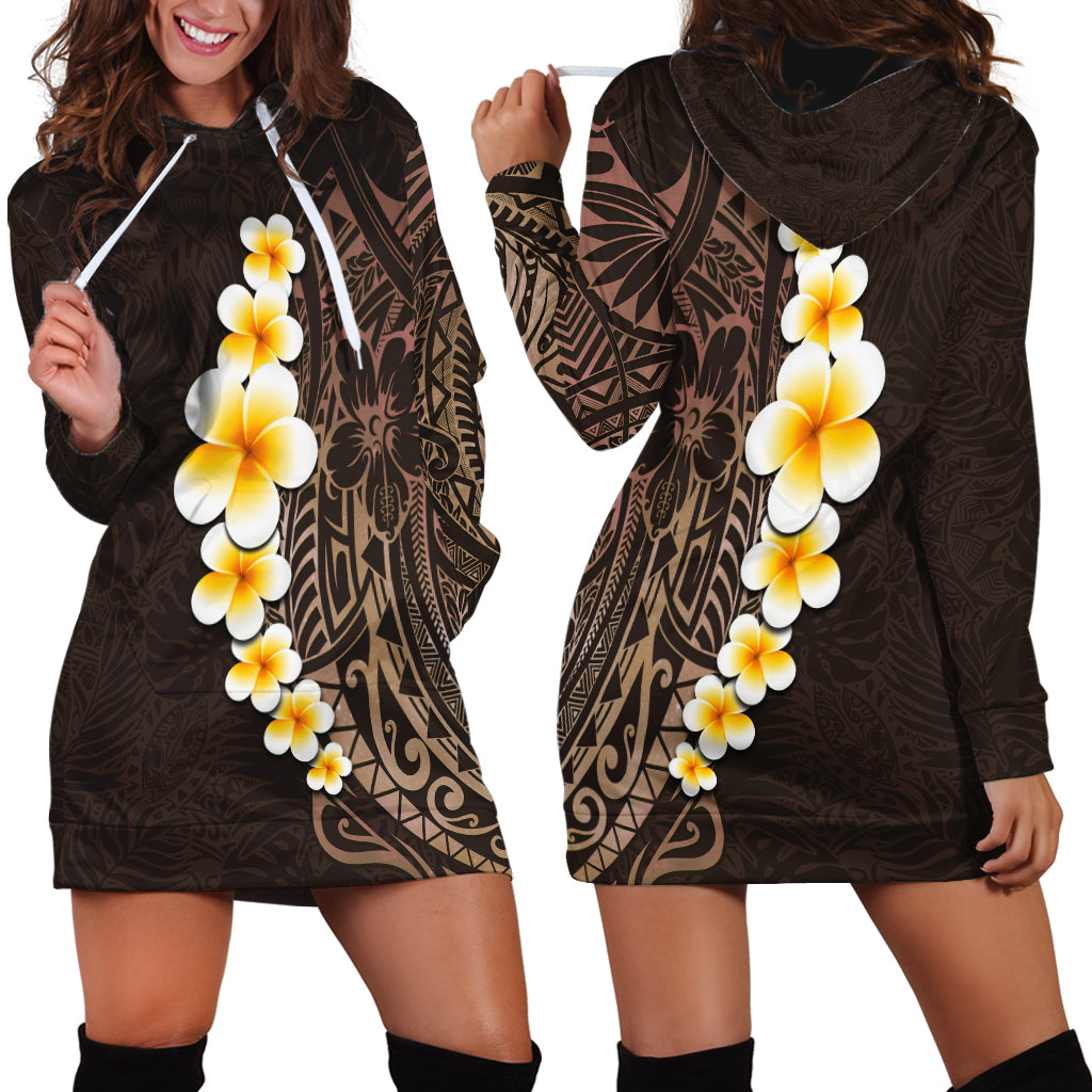 Brown Polynesia Hoodie Dress Plumeria Tropical Leaves With Galaxy Polynesian Art - Wonder Print Shop