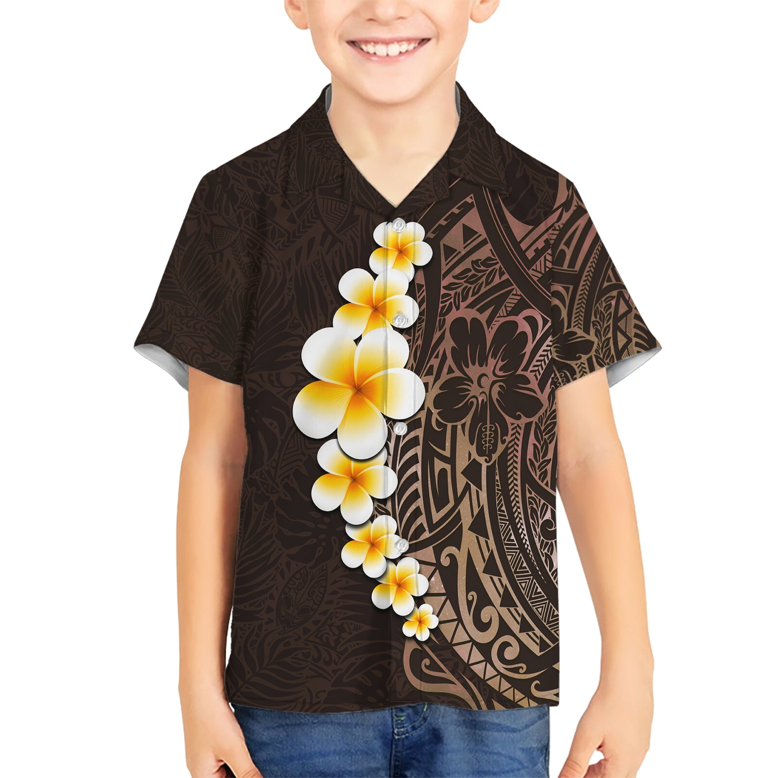 Brown Polynesia Kid Hawaiian Shirt Plumeria Tropical Leaves With Galaxy Polynesian Art - Wonder Print Shop