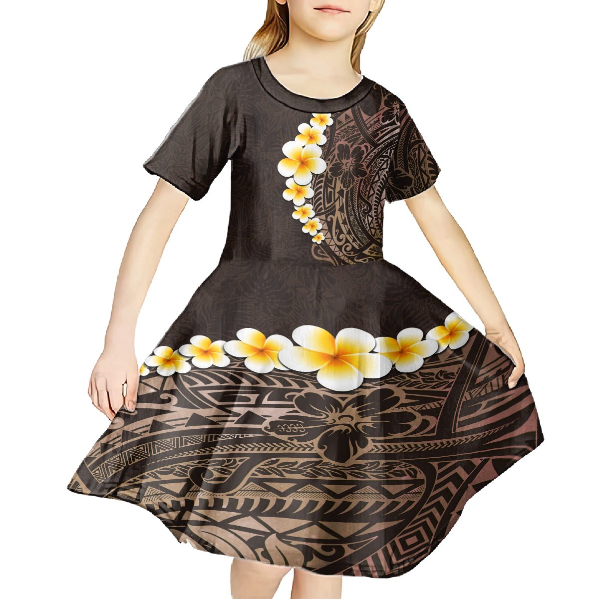 Brown Polynesia Kid Short Sleeve Dress Plumeria Tropical Leaves With Galaxy Polynesian Art - Wonder Print Shop