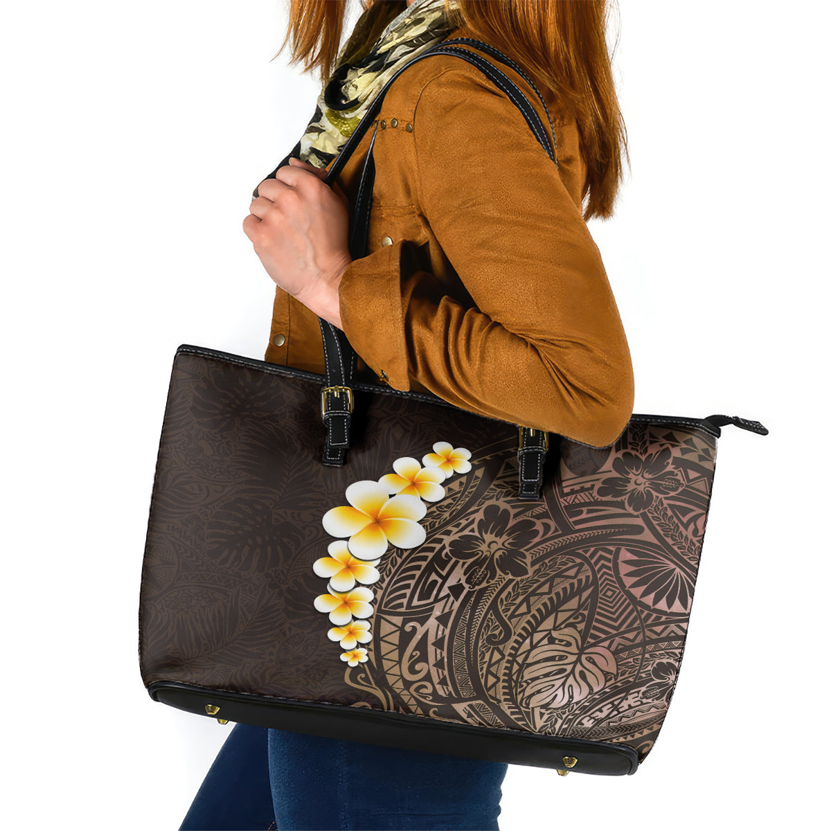 Brown Polynesia Leather Tote Bag Plumeria Tropical Leaves With Galaxy Polynesian Art - Wonder Print Shop