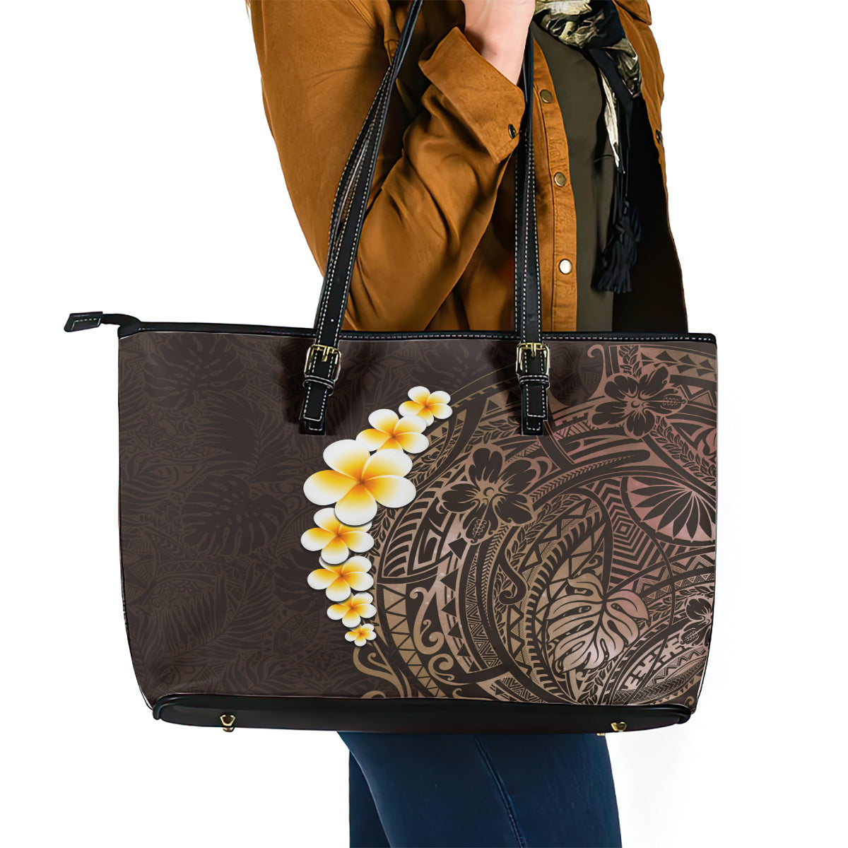 Brown Polynesia Leather Tote Bag Plumeria Tropical Leaves With Galaxy Polynesian Art - Wonder Print Shop
