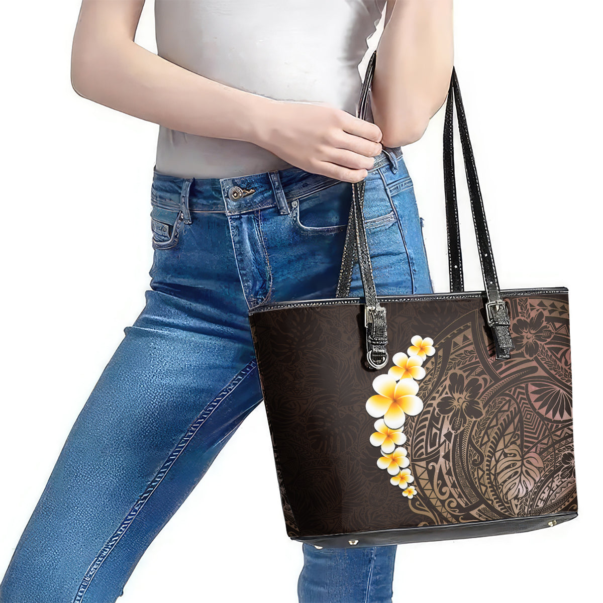 Brown Polynesia Leather Tote Bag Plumeria Tropical Leaves With Galaxy Polynesian Art - Wonder Print Shop