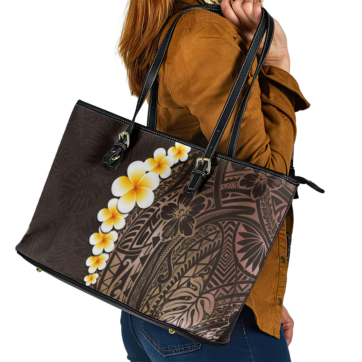 Brown Polynesia Leather Tote Bag Plumeria Tropical Leaves With Galaxy Polynesian Art - Wonder Print Shop