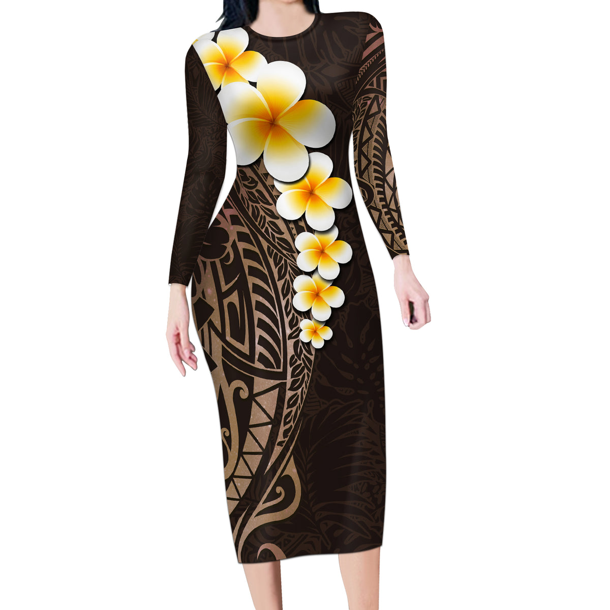 Brown Polynesia Long Sleeve Bodycon Dress Plumeria Tropical Leaves With Galaxy Polynesian Art - Wonder Print Shop