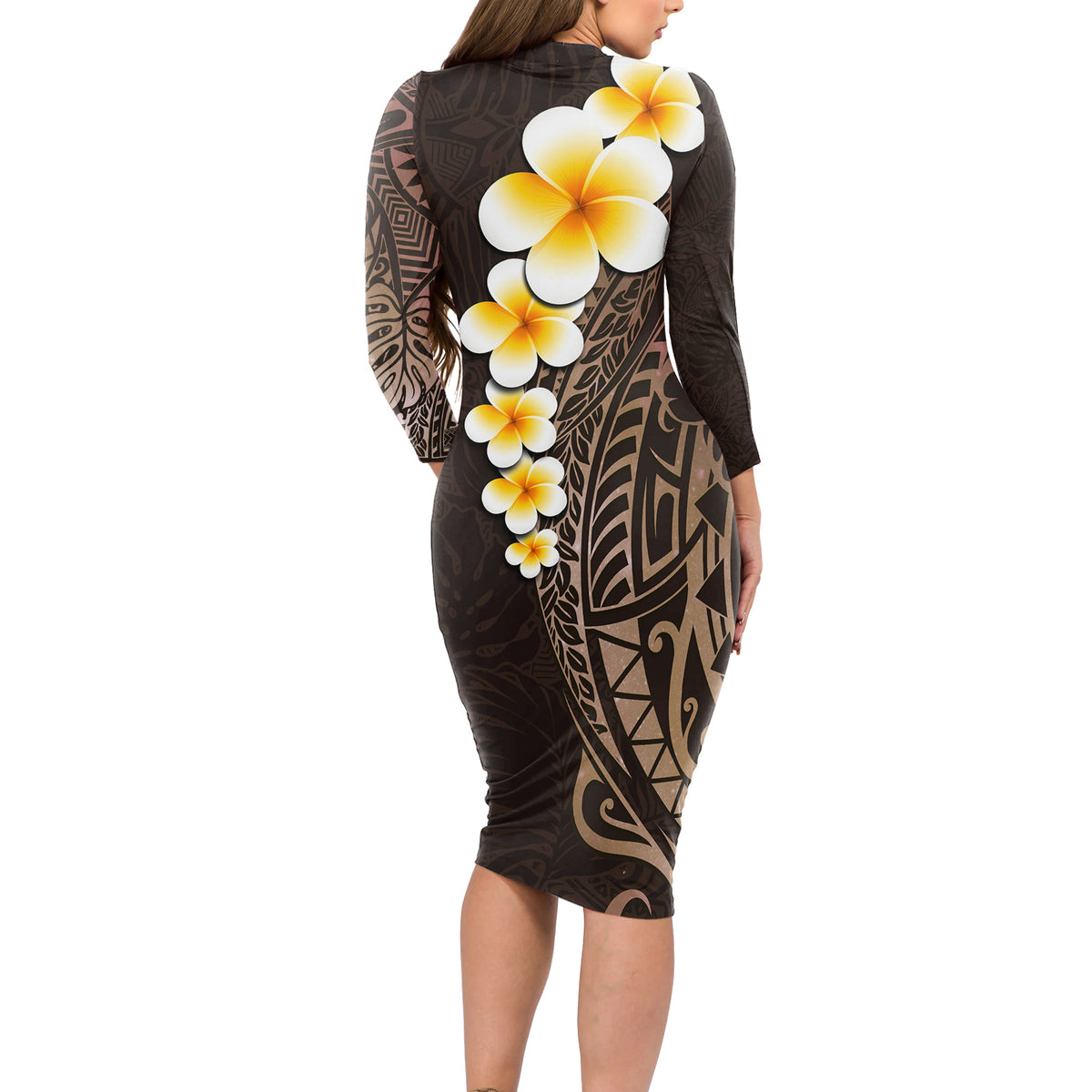 Brown Polynesia Long Sleeve Bodycon Dress Plumeria Tropical Leaves With Galaxy Polynesian Art - Wonder Print Shop