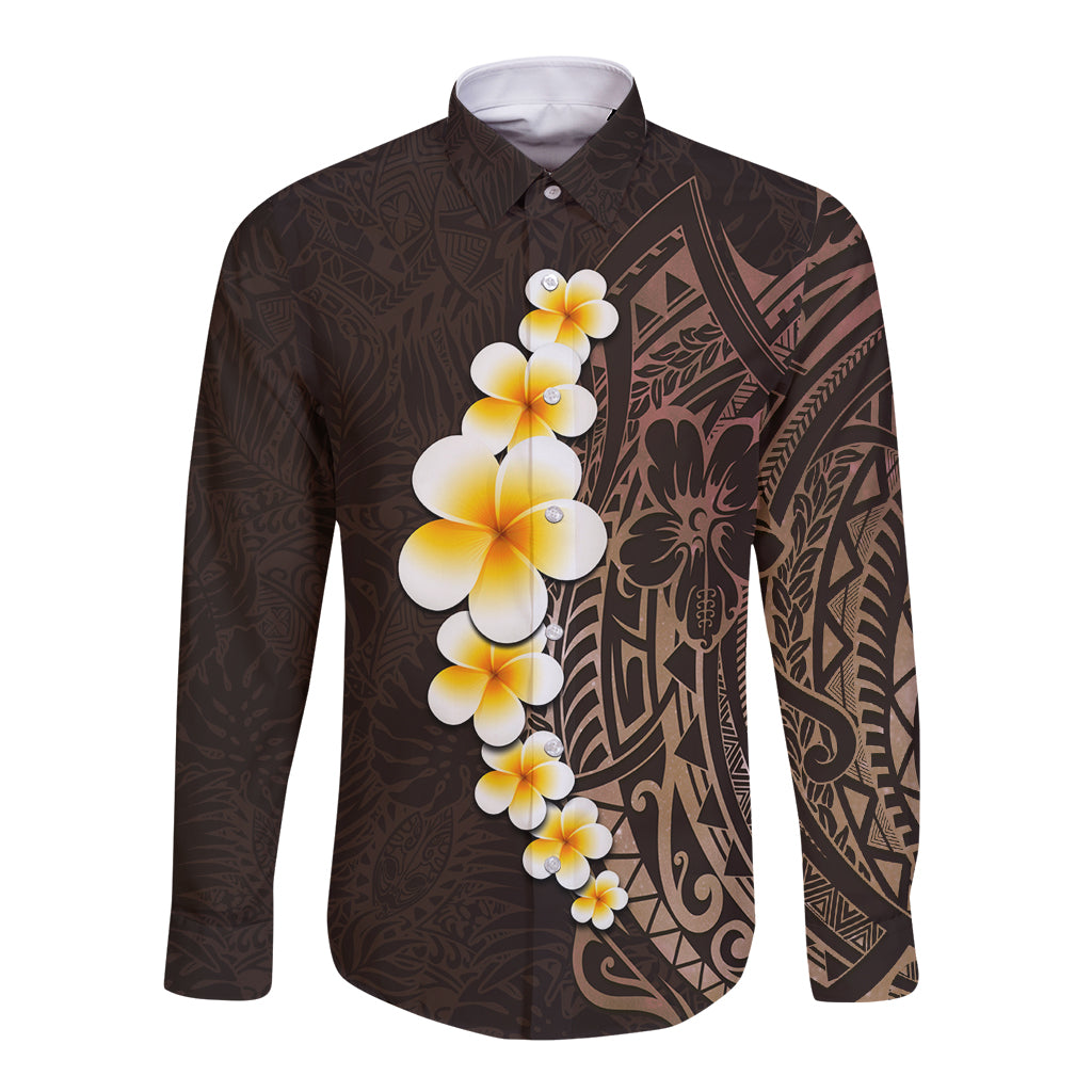 Brown Polynesia Long Sleeve Button Shirt Plumeria Tropical Leaves With Galaxy Polynesian Art - Wonder Print Shop