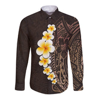 Brown Polynesia Long Sleeve Button Shirt Plumeria Tropical Leaves With Galaxy Polynesian Art - Wonder Print Shop