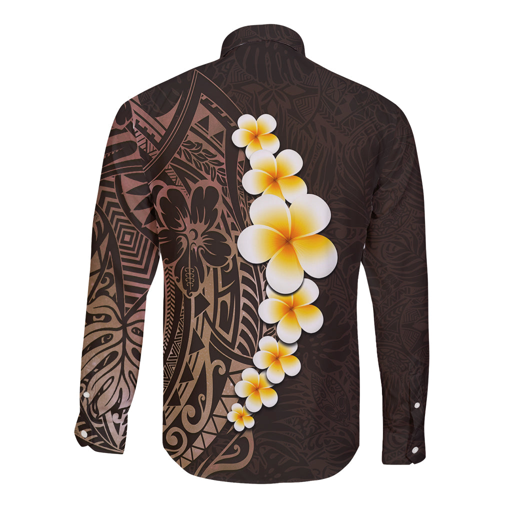 Brown Polynesia Long Sleeve Button Shirt Plumeria Tropical Leaves With Galaxy Polynesian Art - Wonder Print Shop