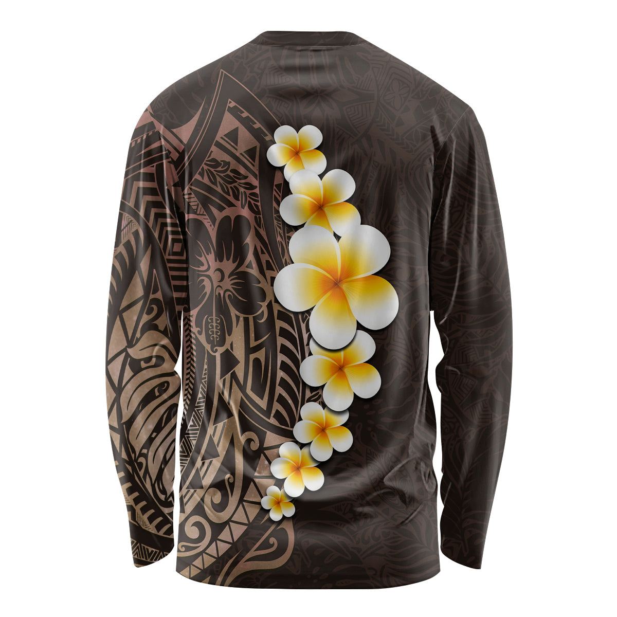 Brown Polynesia Long Sleeve Shirt Plumeria Tropical Leaves With Galaxy Polynesian Art - Wonder Print Shop