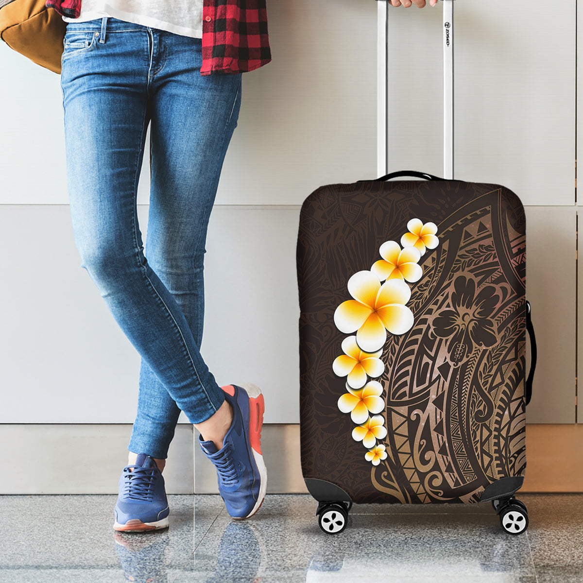 Brown Polynesia Luggage Cover Plumeria Tropical Leaves With Galaxy Polynesian Art - Wonder Print Shop
