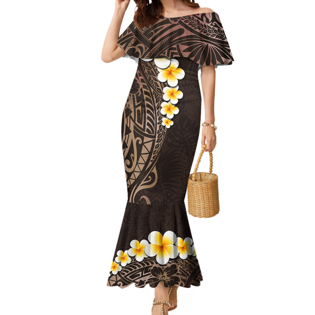 Brown Polynesia Mermaid Dress Plumeria Tropical Leaves With Galaxy Polynesian Art - Wonder Print Shop