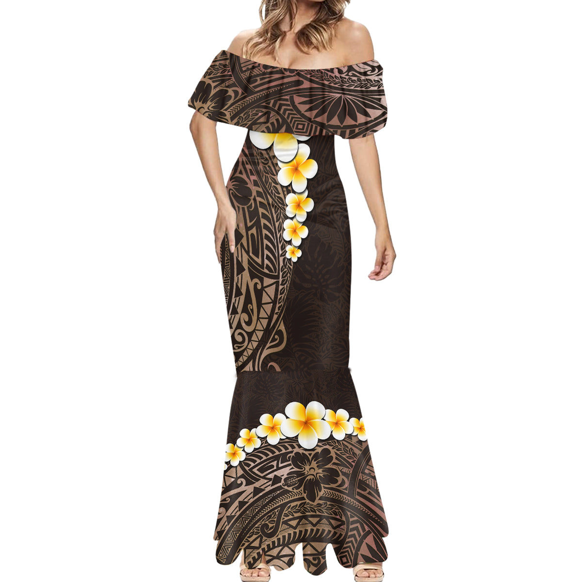 Brown Polynesia Mermaid Dress Plumeria Tropical Leaves With Galaxy Polynesian Art - Wonder Print Shop