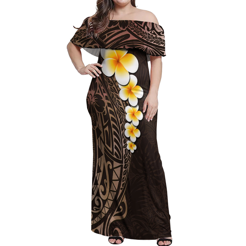 Brown Polynesia Off Shoulder Maxi Dress Plumeria Tropical Leaves With Galaxy Polynesian Art - Wonder Print Shop