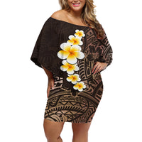 Brown Polynesia Off Shoulder Short Dress Plumeria Tropical Leaves With Galaxy Polynesian Art - Wonder Print Shop