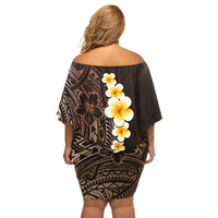 Brown Polynesia Off Shoulder Short Dress Plumeria Tropical Leaves With Galaxy Polynesian Art - Wonder Print Shop