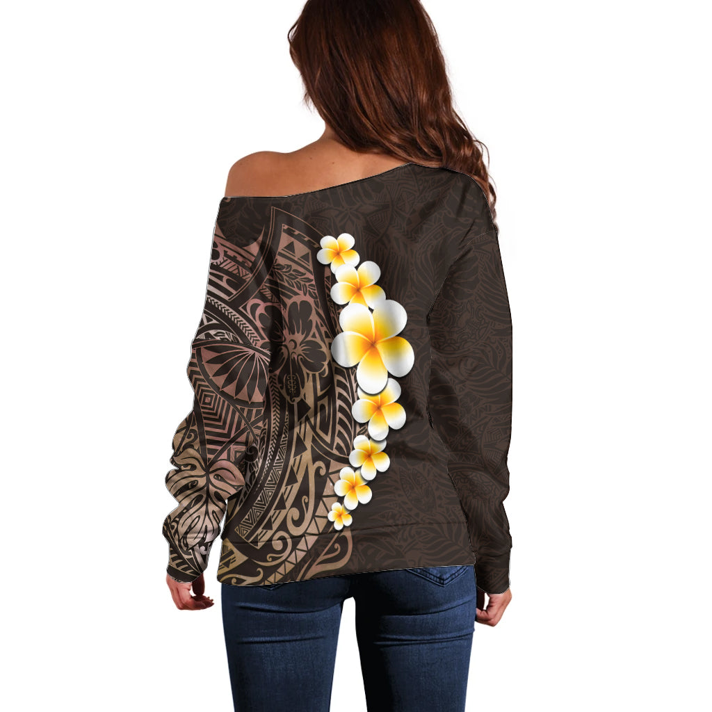 Brown Polynesia Off Shoulder Sweater Plumeria Tropical Leaves With Galaxy Polynesian Art - Wonder Print Shop