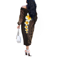 Brown Polynesia Off The Shoulder Long Sleeve Dress Plumeria Tropical Leaves With Galaxy Polynesian Art - Wonder Print Shop