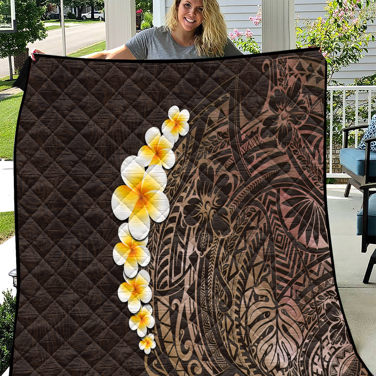 Brown Polynesia Quilt Plumeria Tropical Leaves With Galaxy Polynesian Art - Wonder Print Shop
