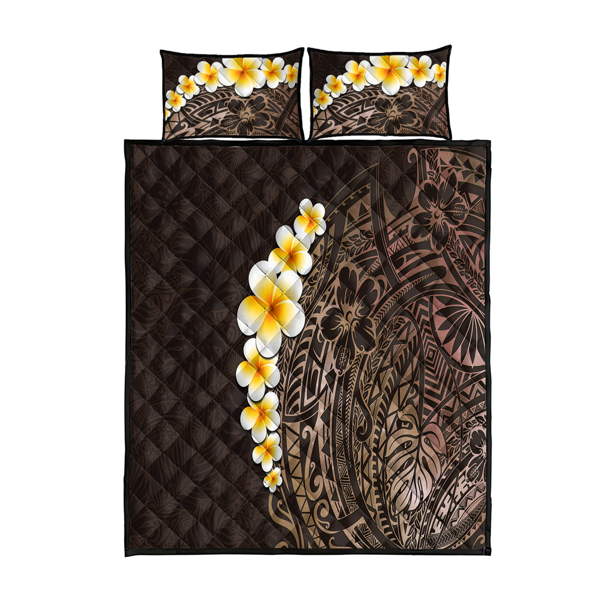 Brown Polynesia Quilt Bed Set Plumeria Tropical Leaves With Galaxy Polynesian Art - Wonder Print Shop