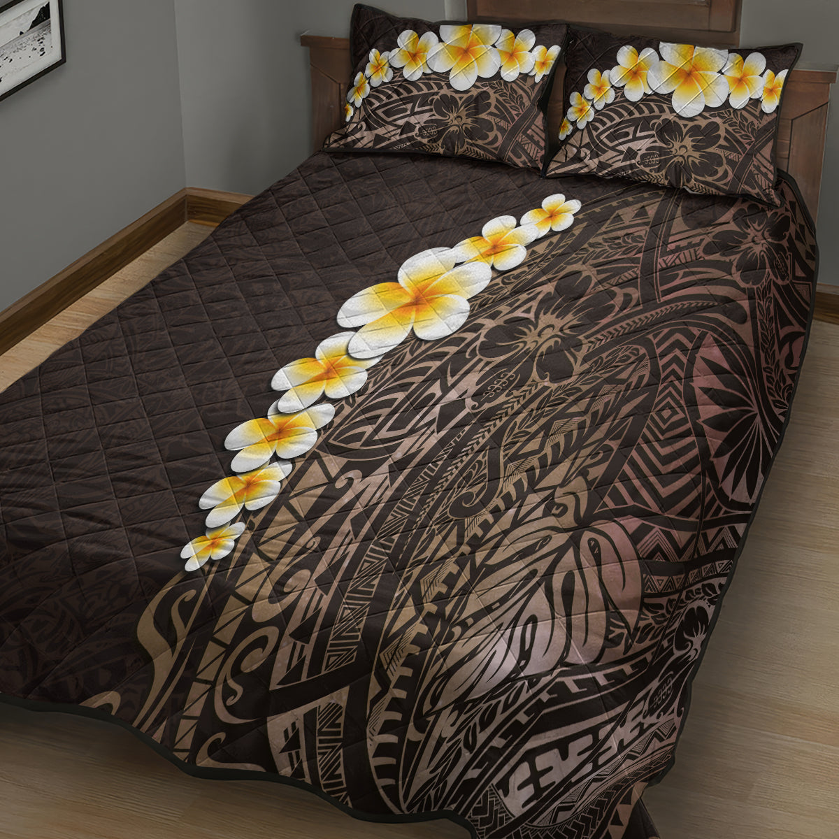 Brown Polynesia Quilt Bed Set Plumeria Tropical Leaves With Galaxy Polynesian Art - Wonder Print Shop