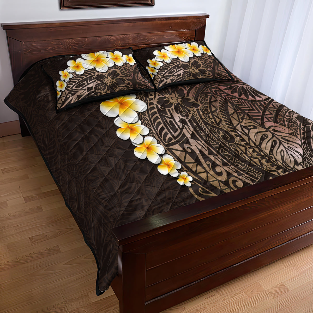 Brown Polynesia Quilt Bed Set Plumeria Tropical Leaves With Galaxy Polynesian Art - Wonder Print Shop