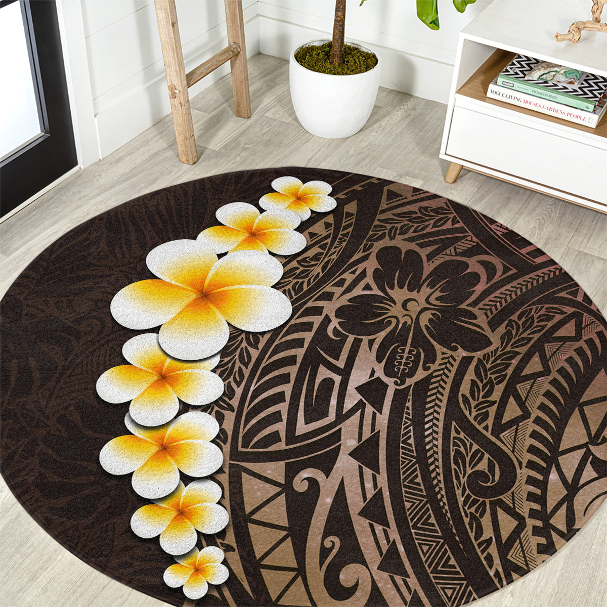 brown-polynesia-round-carpet-plumeria-tropical-leaves-with-galaxy-polynesian-art