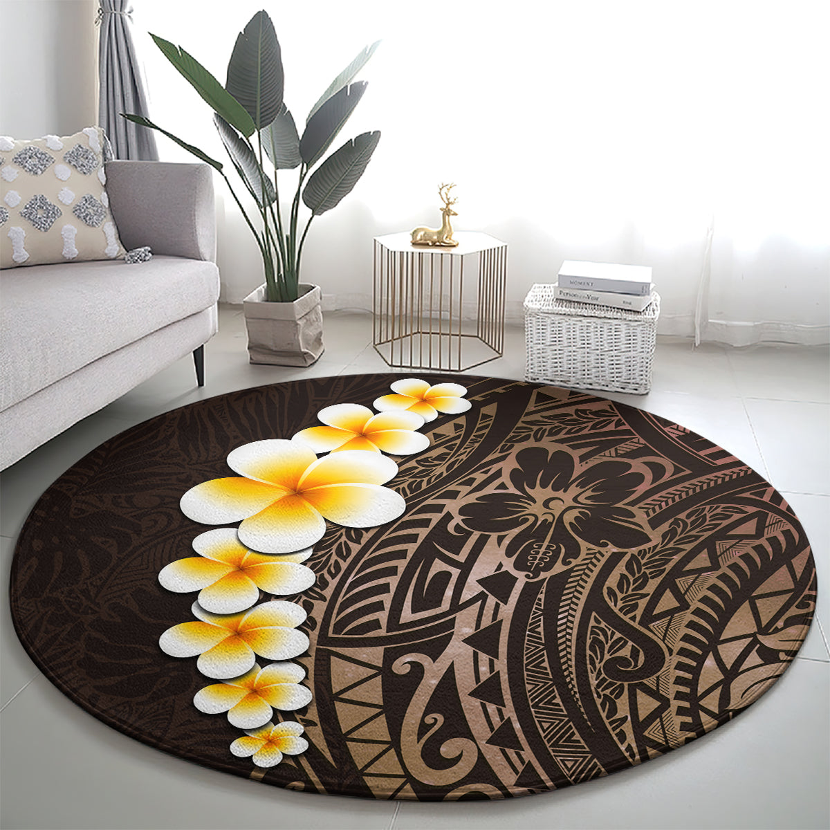 brown-polynesia-round-carpet-plumeria-tropical-leaves-with-galaxy-polynesian-art