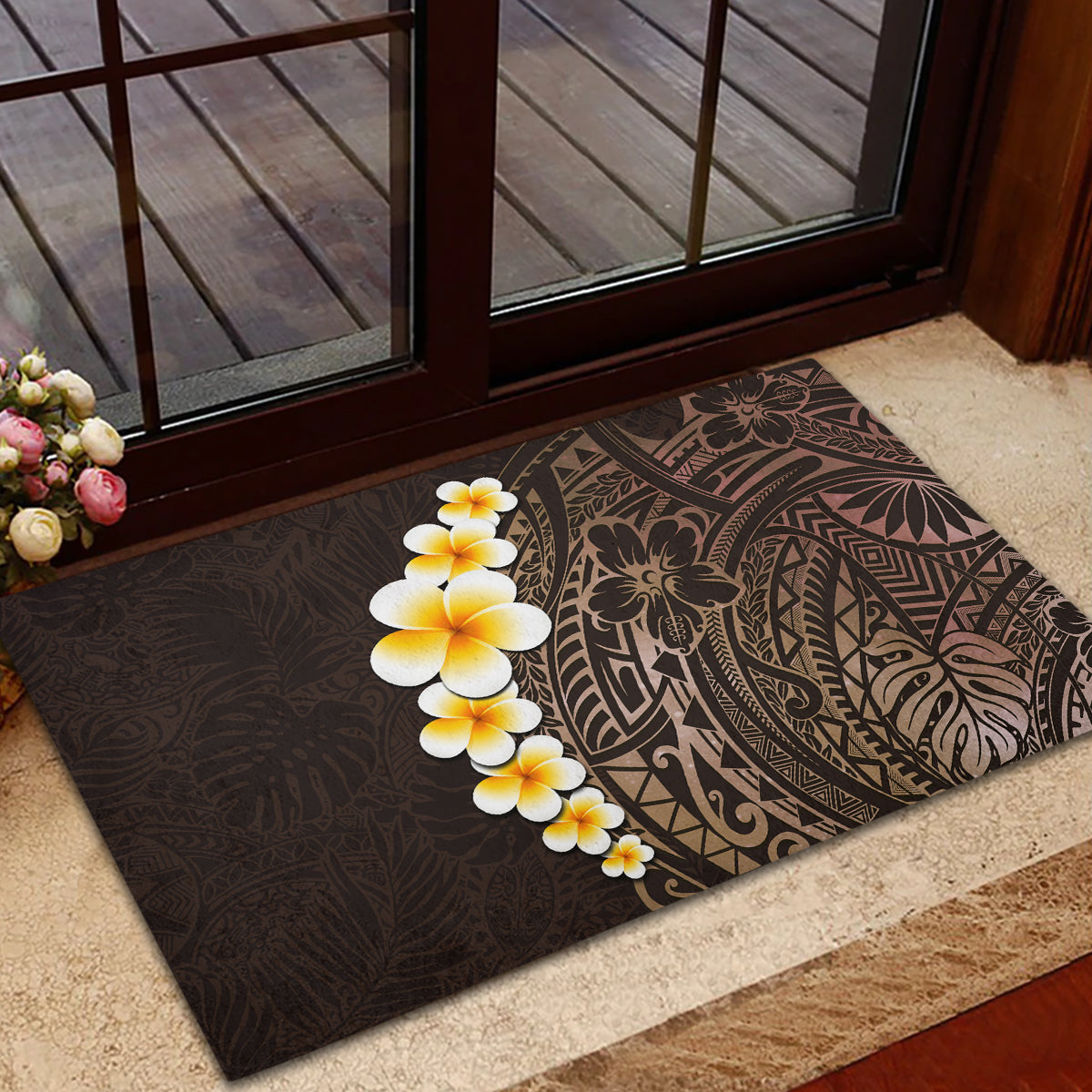 Brown Polynesia Rubber Doormat Plumeria Tropical Leaves With Galaxy Polynesian Art - Wonder Print Shop