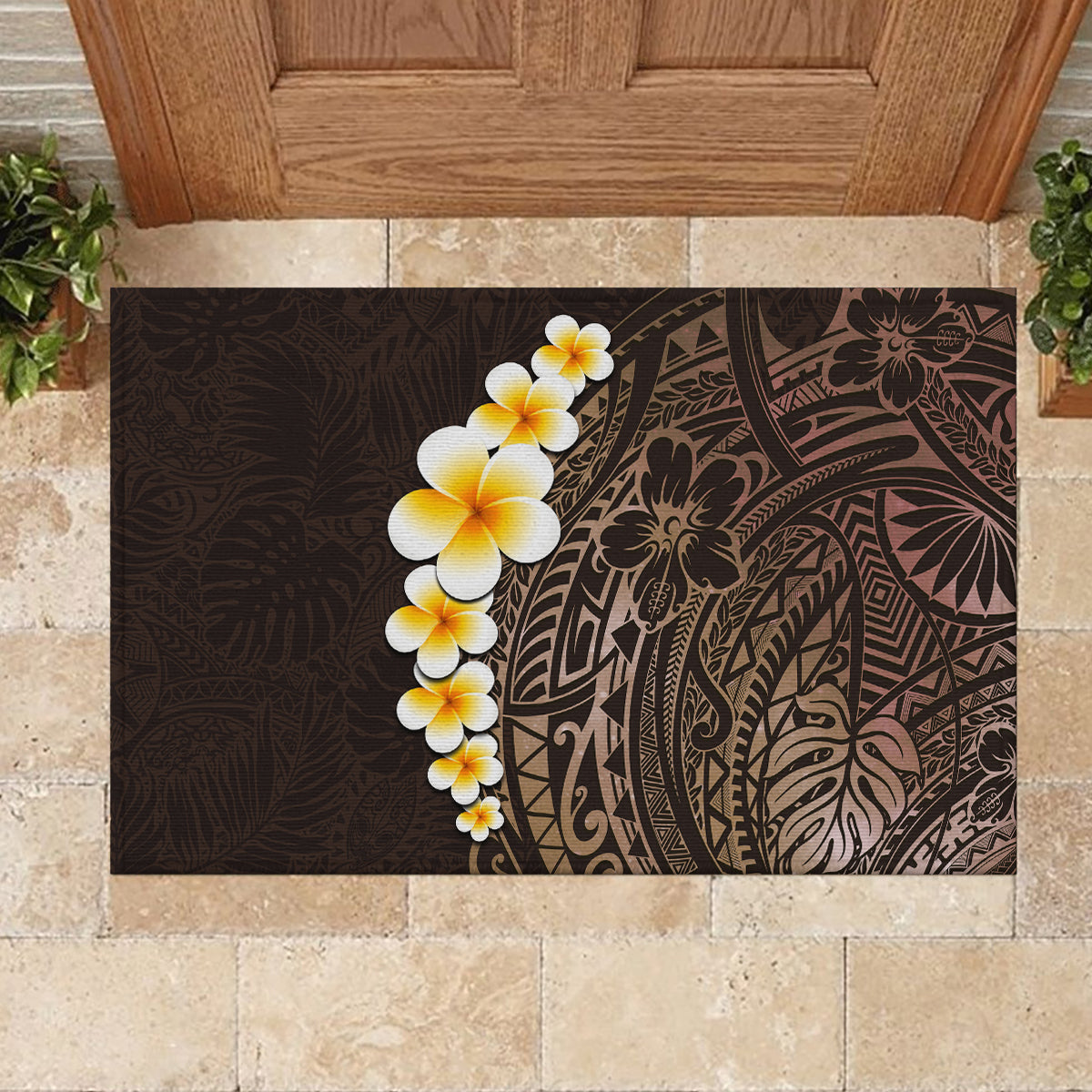 Brown Polynesia Rubber Doormat Plumeria Tropical Leaves With Galaxy Polynesian Art - Wonder Print Shop