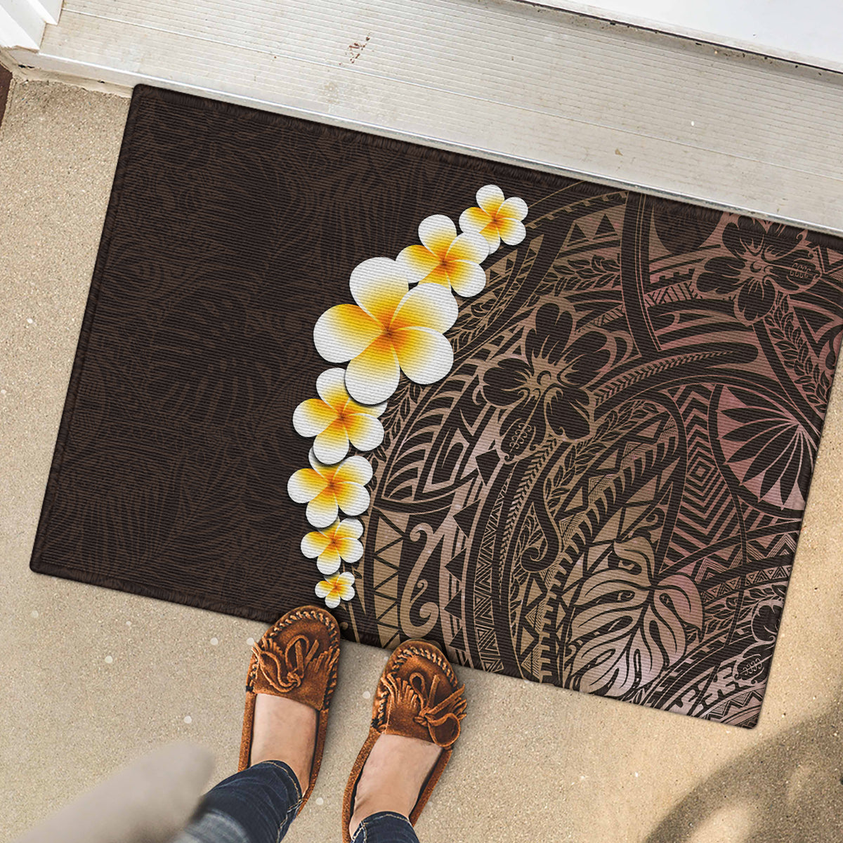Brown Polynesia Rubber Doormat Plumeria Tropical Leaves With Galaxy Polynesian Art - Wonder Print Shop
