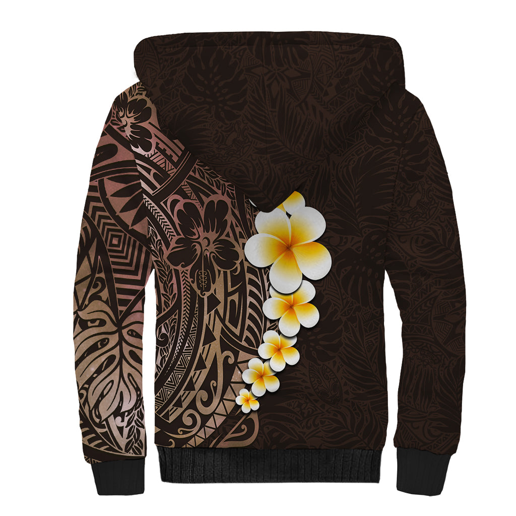 Brown Polynesia Sherpa Hoodie Plumeria Tropical Leaves With Galaxy Polynesian Art - Wonder Print Shop
