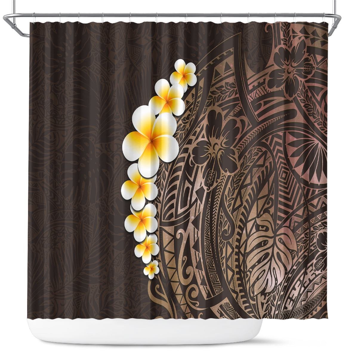 brown-polynesia-shower-curtain-plumeria-tropical-leaves-with-galaxy-polynesian-art