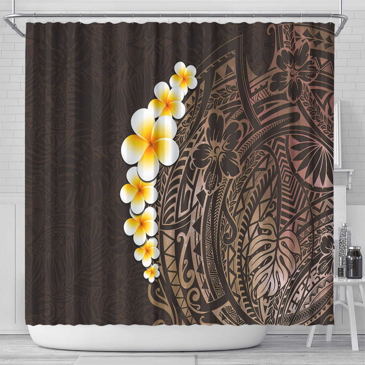 brown-polynesia-shower-curtain-plumeria-tropical-leaves-with-galaxy-polynesian-art