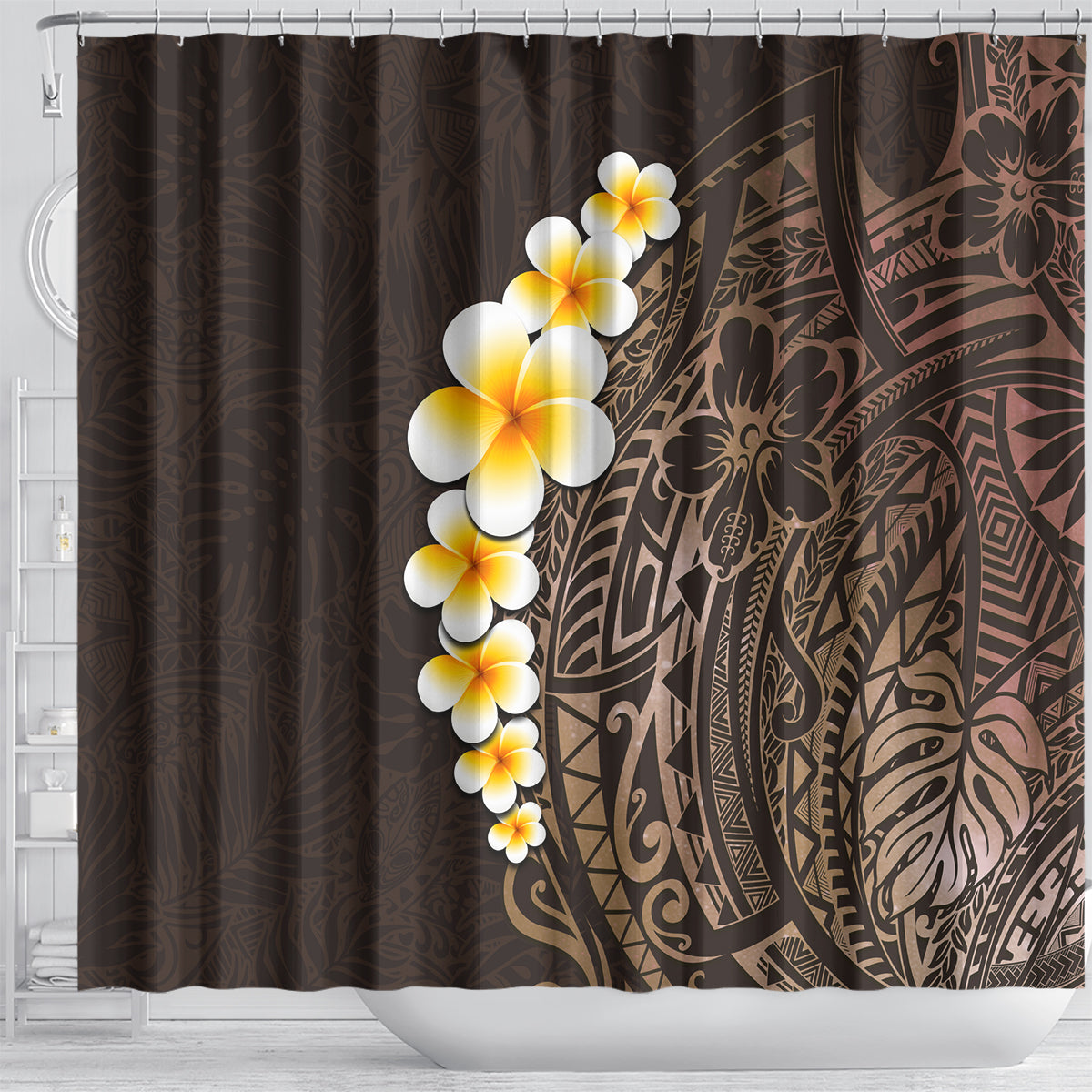 brown-polynesia-shower-curtain-plumeria-tropical-leaves-with-galaxy-polynesian-art