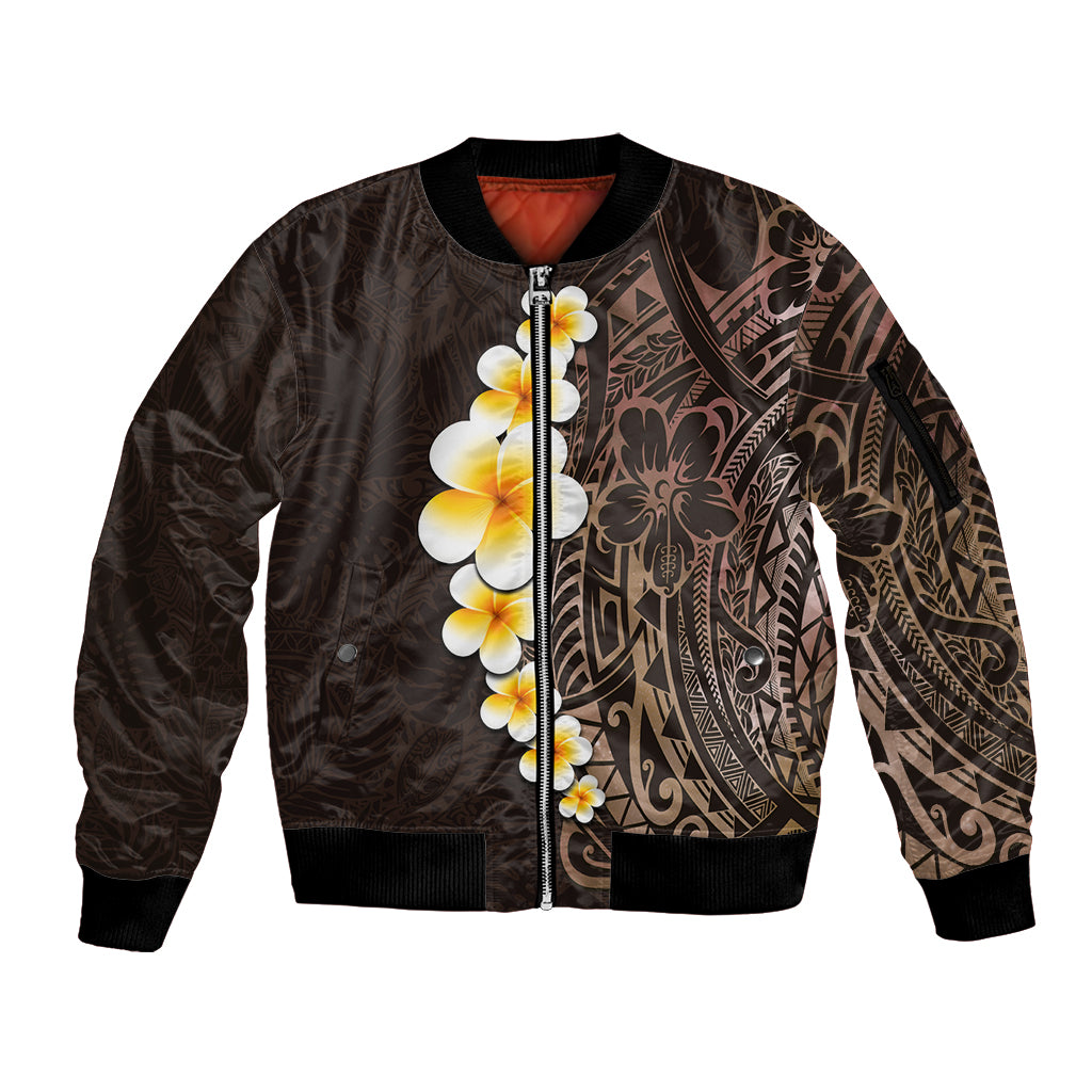Brown Polynesia Sleeve Zip Bomber Jacket Plumeria Tropical Leaves With Galaxy Polynesian Art - Wonder Print Shop