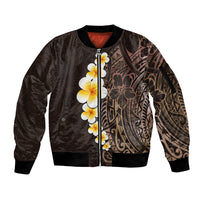 Brown Polynesia Sleeve Zip Bomber Jacket Plumeria Tropical Leaves With Galaxy Polynesian Art - Wonder Print Shop
