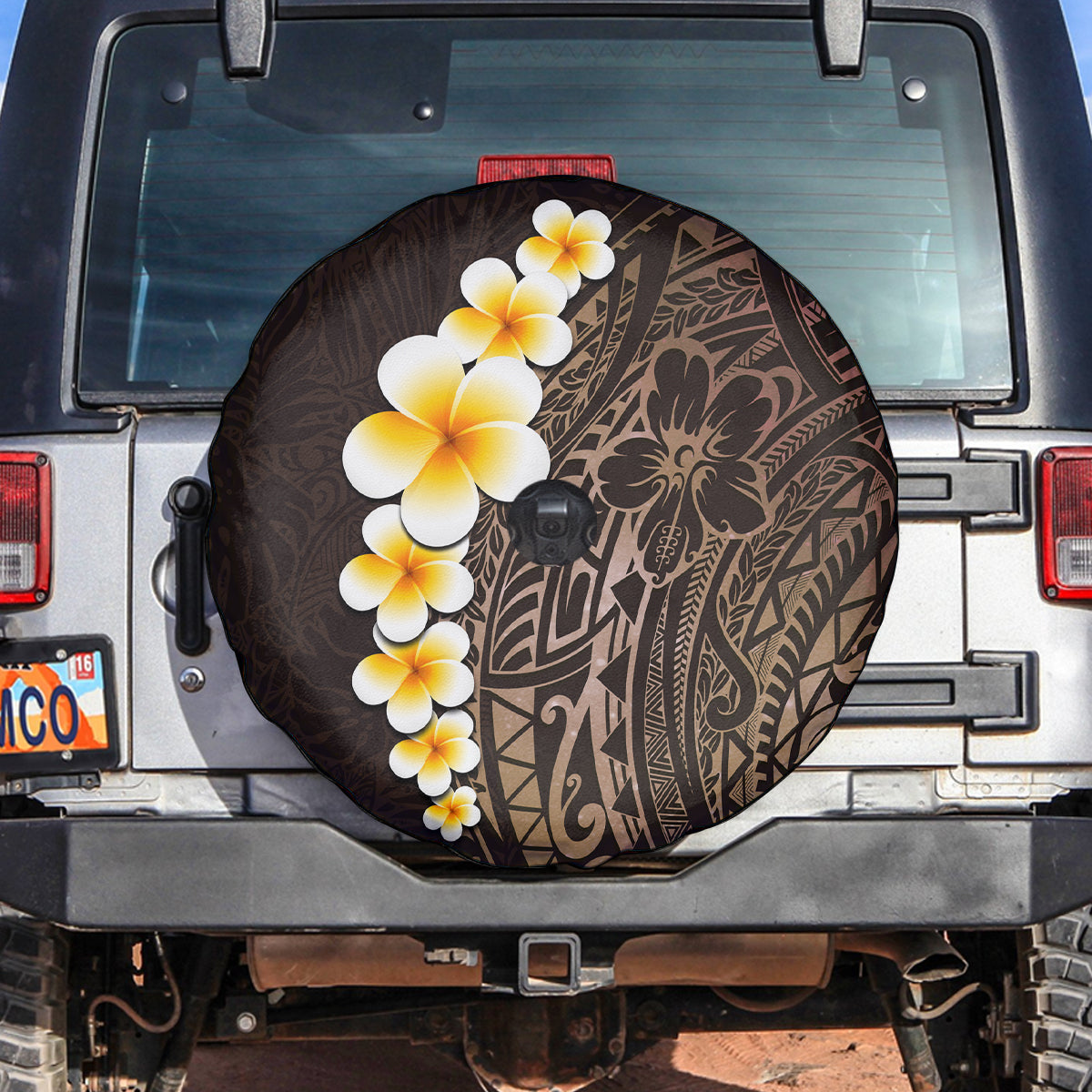 Brown Polynesia Spare Tire Cover Plumeria Tropical Leaves With Galaxy Polynesian Art - Wonder Print Shop