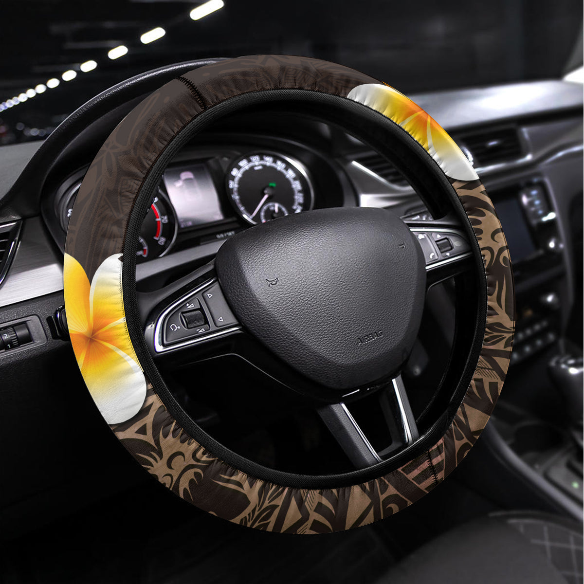Brown Polynesia Steering Wheel Cover Plumeria Tropical Leaves With Galaxy Polynesian Art - Wonder Print Shop